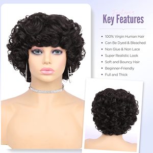 Perruque courte bouclée pour femmes noires, sans dentelle, grande perruque bouclée avec frange, coupe <span class=keywords><strong>pixie</strong></span>, couleur noir naturel - Product Image 3