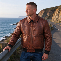 Blouson aviateur vintage marron en cuir véritable pour homme, col rabattable, poignets côtelés, logo personnalisé, vente en gros d'usine, manteau en cuir d'extérieur