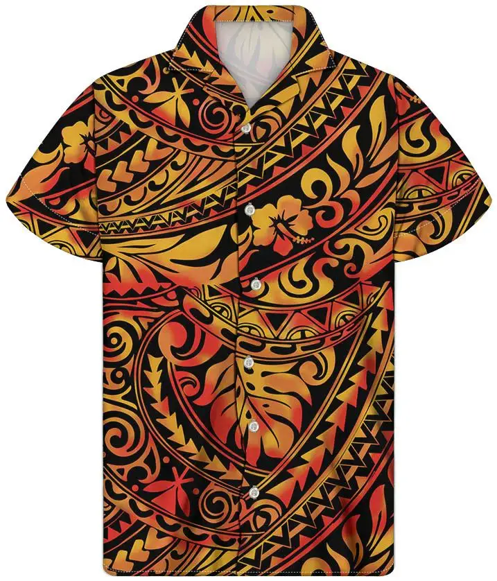ポリネシアの伝統的な部族のパターンカスタムあなたのロゴハワイスタイル1 PCDドロップシップスパイカメラボタンシャツ半袖綿