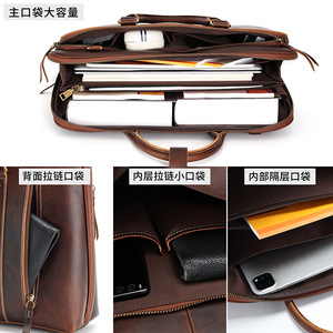 Joyir Sac à main en cuir Crazy Horse pour homme, 15 pouces, sac à bandoulière pour ordinateur portable, couleur unie, marron - Product Image 2