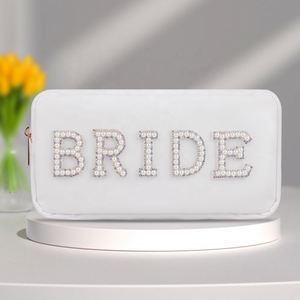Bridal Shower Bachelorette Party Favors White Nylon Pearl Patch <b>Bride</b> Pouch Makeup Cosmetic Travel Toiletry <b>Bag</b> - Product Image 2