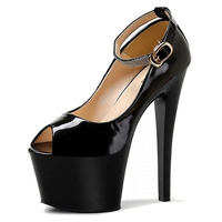 Zapatos de Tacón Ultra Alto Negros con Hebilla de Boca de Pez de 17 cm para Pasarela, Modelo T-stage, para Pole Dance, Tacones Altos Grandes para Mujer