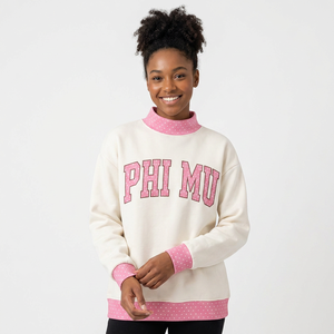 Sudadera de cuello redondo para mujer Phi Mu, color verde azulado con ribete de lunares, de algodón tejido transpirable, para invierno, con cuello simulado. - Product Image 2