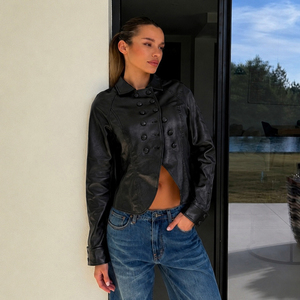 Women's Black Double Breasted PU Woven Moto <b>Jacket</b> Autumn New Turn-down Collar Punk Rocker Casual <b>Zip</b>-<b>Up</b> Outerwear - Product Image 4