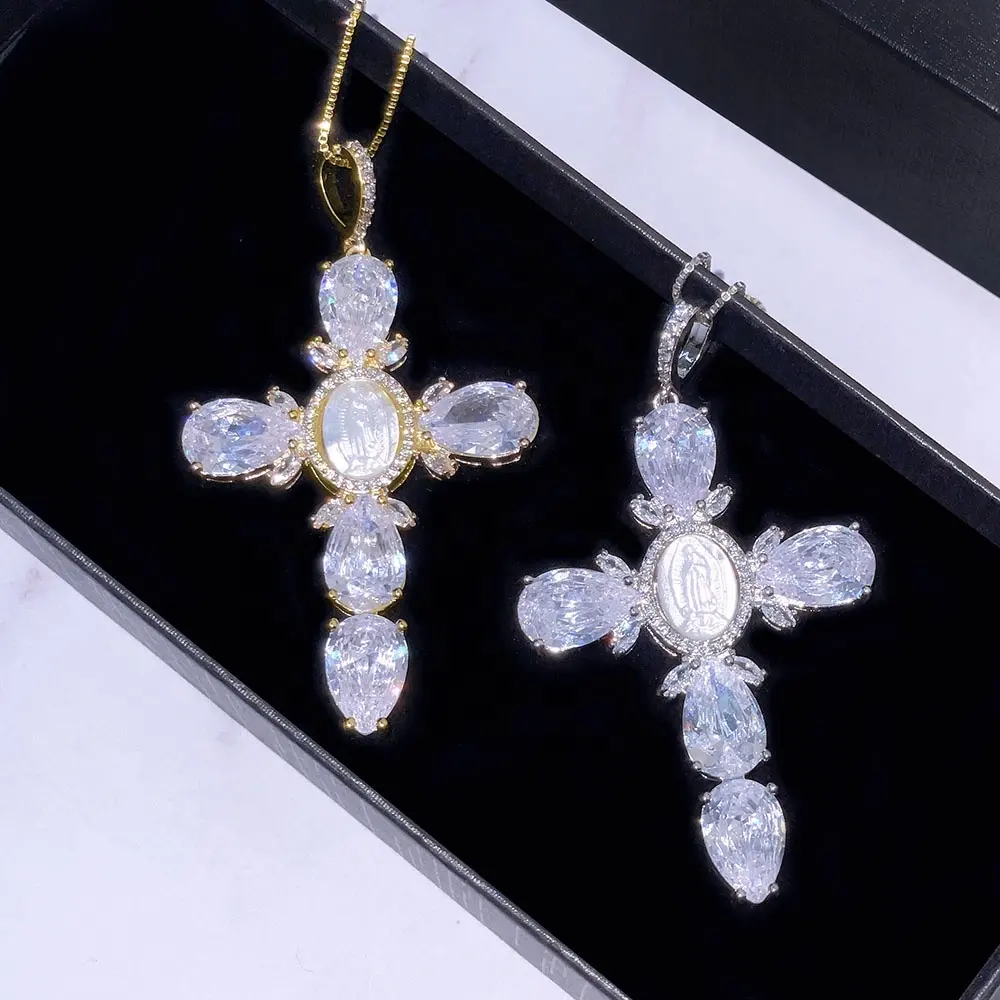 Mode 18 Karat vergoldete Birne Zirkonia Jungfrau Maria Anhänger Halskette Weiße Muschel Saint Halo Gravierte Kreuz Anhänger Schmuck