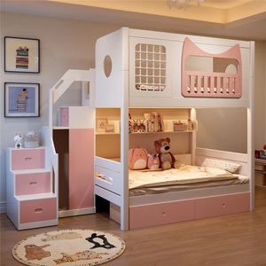 Lit superposé rose à motif chaton moderne JS pour filles, lit pour enfants avec rangement et barrière haute, ensemble de meubles pour <span class=keywords><strong>chambre</strong></span> d'enfant - Product Image 1