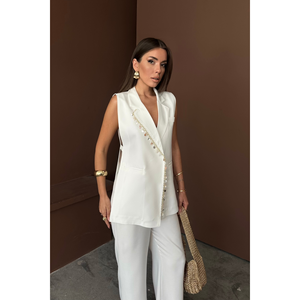 Conjunto de Lino Blanco para Mujer, Chaleco con Cuello y Estampado de Conchas de Almeja y Pantalones, Elegante y con Estilo - Product Image 6