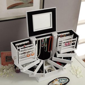 Wholesale White Wooden Multi Tier <b>Mirrored</b> Bedroom Vanity Large Jewelry Storage <b>Box</b> Organizer - Product Image 1