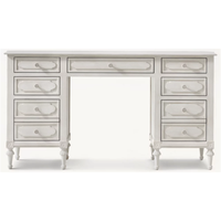 Bureau d'écriture vintage en bois blanc vieilli avec 9 tiroirs, pieds sculptés, style campagne française, écologique et durable, pour bureau à domicile ou console d'étude
