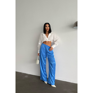 Jacquard <b>Satin</b> <b>Trousers</b> for <b>Women</b> Breathable Blue Casual Wide-Leg Pants Elastic Waist Woven Fabric Colored Wash for Autumn - Product Image 3