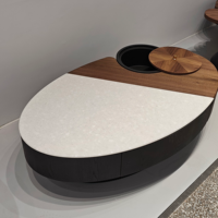 Table basse de rangement moderne avec compartiment dissimulé, plateau en pierre blanche, placage bois, meuble de salon de luxe