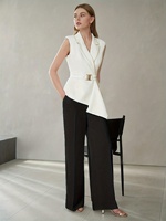 Ensemble de 2 pièces pour femmes, veste sans manches blanche et pantalon large noir, ourlet asymétrique, taille cintrée, costume de bureau