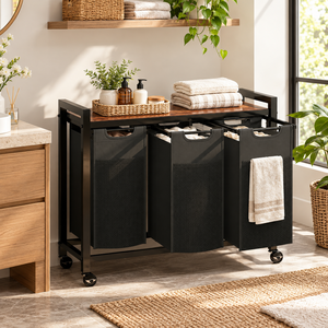 Cesto de Ropa Moderno de Bambú con Estante y 3 Bolsas de Forro Extraíbles para Dormitorio y Baño - Product Image 1
