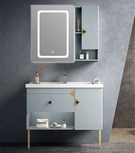 Meuble-lavabo <span class=keywords><strong>de</strong></span> salle <span class=keywords><strong>de</strong></span> bain moderne sur pied en PVC, double <span class=keywords><strong>porte</strong></span>, avec vasque en céramique et armoire miroir, personnalisable pour la vente en gros - Product Image 3
