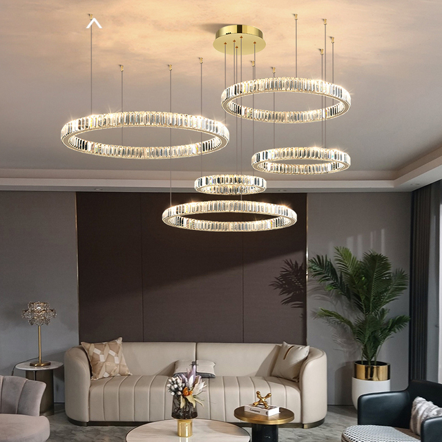 Hotel Luxury Custom Crystal Ring Chandelier Design Linear Pendant Light Remote Control Adjustable Height LED for Living Room
