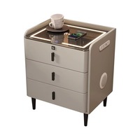Mesita de Noche Inteligente, Mueble para el Hogar Multifuncional de Madera Maciza, Mesita de Noche con Carga Inalámbrica, Moderna y Minimalista con Huella Dactilar