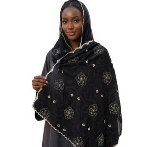 Wholesale Women Black <b>Chiffon</b> Hijab Floral Embroidery Shawl <b>Scarf</b> Breathable All Season Daily Wear - Product Image 4
