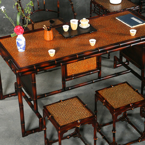 Chinese Style Lacquered <b>Bamboo</b> Woven Tea Table And Chair Set 4 Piece Antique Design For Tea Room Or Dining Room - Product Image 3
