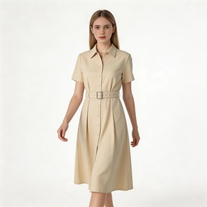 Vestido Camisero Beige <span class=keywords><strong>con</strong></span> Cinturón para <span class=keywords><strong>Mujer</strong></span>, Cuello Camisero, Manga Corta, Plisado, Midi, Informal, <span class=keywords><strong>de</strong></span> Oficina, para Trabajo - Product Image 2