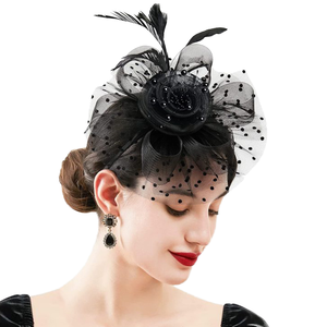 Tocados de Homburg para mujer, sombrero de fiesta de té de plumas con diadema de velo y pinza para el pelo para iglesia de cóctel informal - Product Image 4