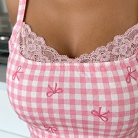 Ensemble de pyjama court pour femme style européen et américain, rose à carreaux, avec dentelle, séchage rapide, respirant, taille élastique, doux pour l'été et la maison