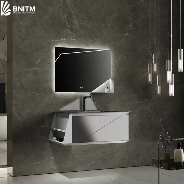 BNITM Tocadores de baño de estilo moderno Gabinete de acero montado en la pared de nuevo diseño con luces LED de espejo para lavabo doméstico