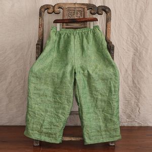 Wide Leg Pants Cotton Linen Cropped Mid Waist Orange Breathable Casual Women's Pants - Product Image 2