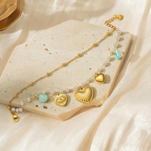 18K PVD Gold Plated Pearl Aqua Stone Tarnish Free Jewelry Gift <b>Boho</b> Double Layer Stainless Steel Heart Devil Eye Charm <b>Bracelet</b> - Product Image 4