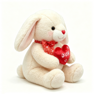 Peluche de lapin blanc à oreilles tombantes personnalisée, tenant un cœur rouge, cadeau de peluche en forme de cœur d'amour. - Product Image 1