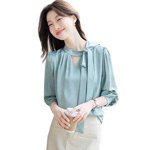 French Style Tie Neck Long Sleeve Shirt Women <b>White</b> Chiffon Solid Color Casual Spring Autumn Top - Product Image 5