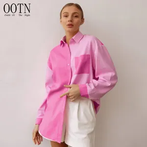 OOTN yaz 2023 bayanlar gevşek kadınlar Turn Down yaka ekleme boy bluzlar ve üstleri sokak Patchwork Chic pembe gömlek