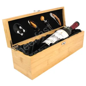 Different Size Red Wine Single Bottle Wooden Decorative Travel Wine Gift Box Reusable Bamboo Wood Box With Wine 4 Tools
