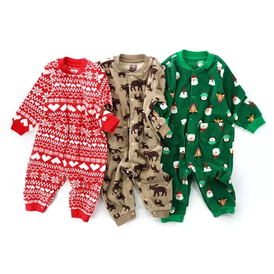 Custom Groothandel Zachte Dikke Fleece Winter Lange Mouw Schattige Bedrukte Kerst Baby Rompertjes