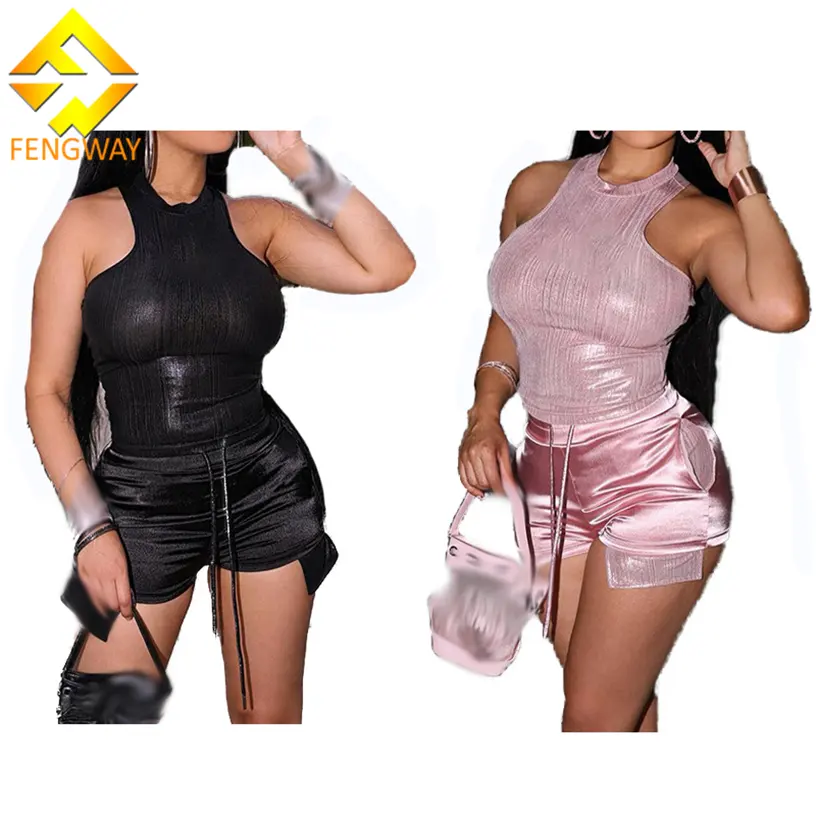 Summer 2024 Women's Clothing Glossy Color Two Piece Set Tank Top+Pocket Shorts Crop Top 2 Piece Shorts Set