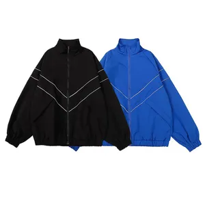 Hip Hop Reflective Striped Jackets Mens Patchwork Zipper Windbreaker Streetwear Casual Loose Varsity Coats Unisex Blue Jacket