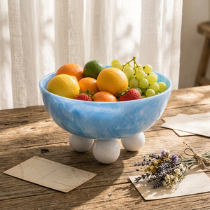 Frutero Moderno de Resina con Patrón de Mármol Azul Pulido, Ligero, con Base de Bola Blanca, Hecho a Mano, Decorativo - Product Image 1