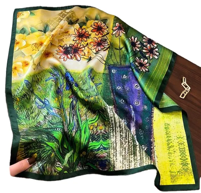 Foulard carré en soie à impression numérique pour femmes 53*53cm Cravates en satin de soie Motif de peinture à l'huile