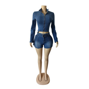 Set di Shorts alla moda primavera autunno <span class=keywords><strong>donna</strong></span> in Denim giacca corta con cerniera elasticizzata <span class=keywords><strong>Jeans</strong></span> 2 pezzi giacca in Denim Y2K Set due pezzi da <span class=keywords><strong>donna</strong></span> - Product Image 3