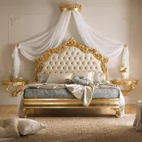 Lit en bois antique de style rococo français avec tête de lit capitonnée, meubles de chambre à coucher en bois massif