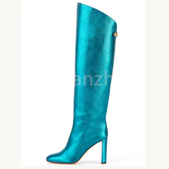 Custom Women Knee High Boots Buckle Fold Leather Slip On High Heel Shoes Classic Long Boots Winter Western botas de mujer