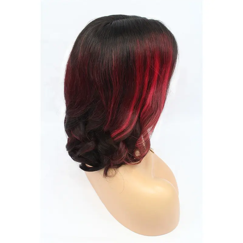 Highlight Wig Short Bob Natural Black and Red Mixed Colored Wig Human Hair Body Wavy 13*4 Lace Front Wig