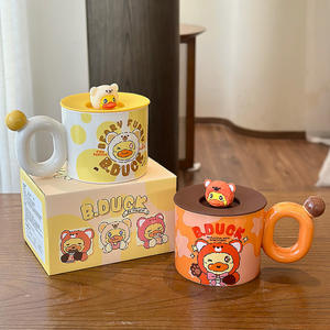 B.Duck Ceramic <b>Mug</b> With Lid And Handle Cartoon Design For <b>Travel</b> Single Cup Orange Blue Pink Yellow - Product Image 3