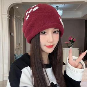 Warm Beanie Women Knitted Wool Pile Checkered Hem Anti Pilling Foldable Autumn <b>Winter</b> <b>Hat</b> Breathable Windproof Stack <b>Hat</b> - Product Image 1