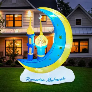 5FT inflatables Ramadan decoration yellow and bule moon with castle with bulid-in led light for Muslim/Islamic Holidays