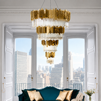 Lustre suspendu multi-étages en forme de cône de cristal de qualité professionnelle, luminaire vertical à plusieurs niveaux pour plafonds hauts, idéal pour l'éclairage des hôtels et villas