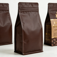 Sacs d'emballage pour grains de café à fond carré, doublés de feuille marron mate, avec logo imprimé en héliogravure, fermeture éclair et dégazage unidirectionnel