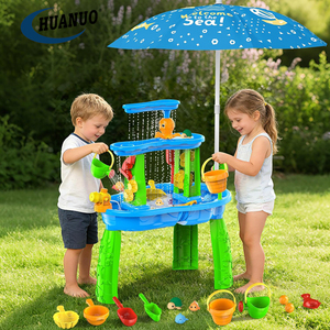 Table à eau et à <span class=keywords><strong>sable</strong></span> 3 niveaux pour enfants avec parasol – Jouet d'extérieur estival avec piscine d'apprentissage stable – Ensemble <span class=keywords><strong>de</strong></span> jeu pour plage et jardin - Product Image 1