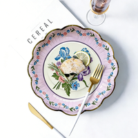 Assiettes en papier jetables de 9 pouces, rondes, à motif floral pastel et bord festonné doré, pour réceptions de mariage et buffets