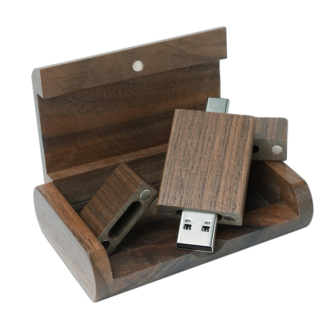OTG USB C Memory Stick with Logo 2-in-1 Type C Flash Drive Walnut Box External Pen Drive for Phone, Laptop and Computer