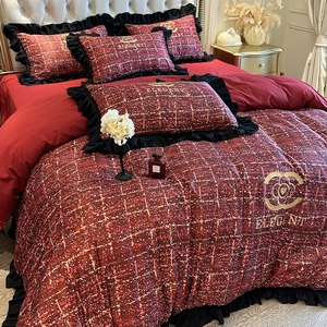Juego de Ropa de Cama de Cuatro Piezas de Estilo Coreano, Diseño Inspirado en Diseñadores, con Funda de Edredón con Volantes, Sábana Plana de Algodón Suave al Tacto - Product Image 5